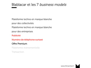 www.15marches.fr
Blablacar et les 7 business models
Plateforme techno en marque blanche
pour des collectivités
Plateforme ...