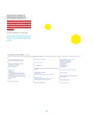 83
Quels sont les communs
accompagnés aujourd’hui ?
Aujourd’hui, la Fabmob a identifié
une quarantaine de communs sur
lesquels elle concentre son actioe-
vrait aider à ce passage à l’acte, au
sens où n.
Ils sont visibles sur cette page :
http://wiki.lafabriquedesmobi-
lites.fr/wiki/Cat%C3%A9gorie:Res-
source
 