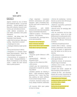 123
NOV 28TH
eMo Nico
Agency owned by city of Berlin
(2/3 funded by Berlin + 1/3 private
partners) - neutral platform wor-
king with industry, research insti-
tutions, gov and administration.
 eMo address acceptance, so-
cial needs, connexion with public
transports,
 Partners : LM, allego, ebee, VW,
Vattenfall, Total, Renault, …
 eMo Club for startups : eMio, plug-
surfing … help them to connect
 Challenges for cities
 Intelligent Mobility made by Ber-
lin
 Bring new business to Berlin
 Integrated in 4 German Show-
cases Electromobility : berlin, Ba-
varia, Stuttgart, hannover
 Concentration of companies in
the cluster Transport/Mobility –
Boost of formations in the startup
scene – reality lab with various
links to pilote projects
InnoZ
 Structure privée détenue à 50%
par DB
 [presentation] Multicity –
Alexandre Keita
 Début en 2012, relancé en 2016
 250 voitures
 Intérêt pour les constructeurs :
comprendre le marché du carsha-
ring d’abord
 Analyse marché car sharing à
berlin – 2000 utilisateurs régulier
(plusieurs fois / mois), free floa-
ting, parking sur place publique,
2 concurrents Car2go et bmw
 9 acteurs : drivenow, car2go, mul-
ticity, ubeqoo, flinkster, stadtmobil,
…
 30 minutes offert pour parker
et mise en charge
 Service de carsharing + service
d’accès au service dont 15% fait par
la métaApp (Carjump)
 Multicity aujourd’hui partenaire
de Flinkster (DB),
 Nouvel acteur de métaApp (Mo-
biki par Bosch)
 Peu de contrainte vis-à-vis des
autres acteurs : acteur de la ville
(M.Blummel).Les allemands n’attri-
buent pas l’espace public à une so-
ciété privée. 6 M€ pour 700 bornes
investies.
 130€/mois de parking/voiture
 Intérêt d’être à Berlin : caroline
reichert (maintenant chez Bosch)
a monté le projet et opportunité
avec DB, Berlin est la ville du car
sharing.
 Véh utilitaire à venir.
 180 personnes travaillent sur la
méta-app de Moovel.
 Multicity environ 20 personnes,
DB gère l’app et l’interface.
 Relation avec la ville : avoir des
places de parking, ..
 Intérêt avec InnoZ : analyse de
data (hotspots), étude prédictive,
 Attente de PSA : pas d’enchan-
tement de la vente, acquisition de
connaissance par le constructeur,
Proposition de la Fabrique :
Analyse des datas, prédictif : mise
en relation labos, usages
Expé utilisateurs
Recherches de partenariat sur
monétique par exemple
 Topic important : connexion
between autonomous and public
transport : open a “Autobahn Digi-
tal Test Area” and to extent this in
Urban area
 Connexions : with H2020,
network with other electromobility
region, Amsterdam-Barcelona
 3500 EV in Berlin – 770 charging
stations – 5 H2 stations,
 Fraunhofer IPK : prototype facto-
ry for electromobility
Proposition de la Fabrique :
Share commons database
Keep contact about open Autobahn
Think about startups exchange
 