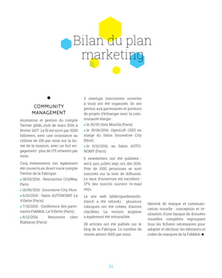 31
Community
management
Animation et gestion du compte
Twitter @fab_mob de mars 2016 à
février 2017. Le fil est suivi par 3200
followers, avec une croissance au
rythme de 100 par mois sur la du-
rée de la mission, avec un fort en-
gagement : plus de 175 retweets par
mois.
Cinq évènements ont également
été couverts en direct via le compte
Twitter de la Fabrique :
 18/03/2016 : Rencontres CityWay,
Paris.
 16/06/2016 : Innovative City, Nice.
 6/10/2016 : Salon AUTONOMY, La
Villette (Paris)
 7/10/2016 : Conférence des parte-
naires FabMob, La Villette (Paris)
 8/12/2016 : Rencontre chez
Blablacar (Paris)
Bilan du plan
marketing
Identité de marque et communi-
cation visuelle : conception et ré-
alisation d’une banque de données
visuelles complètes regroupant
tous les fichiers nécessaires pour
adopter et décliner les éléments et
codes de marques de la FabMob.
3 meetups (rencontres ouvertes
à tous) ont été organisés. Ils ont
permis aux partenaires et porteurs
de projets d’échanger avec la com-
munauté élargie :
 le 30/03 chez Mozilla (Paris)
 le 15/06/2016, OpenLoft CEEI en
marge du Salon Innovative City
(Nice)
 le 6/10/2016, au Salon AUTO-
NOMY (Paris)
6 newsletters ont été publiées  :
avril, juin, juillet, sept, oct, déc 2016.
Près de 1000 personnes se sont
inscrites sur la liste de diffusion.
Le taux d’ouverture est excellent :
37% des inscrits ouvrent l’e-mail
reçu.
Le site web lafabriquedesmobi-
lites.fr a été refondu : plusieurs
rubriques ont été créées, d’autres
clarifiées. La version anglaise
a également été retravaillée.
28 articles ont été publiés sur le
blog de la Fabrique. Le nombre de
visites atteint 3000 par mois.
 