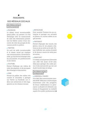 38
Panorama
des réseaux sociaux
Les réseaux sociaux
communautaires
 FACEBOOK
Le réseau social incontournable,
grand public, qui permet à la fois
d’échanger avec sa communauté,
de créer des événements permet-
tant de fédérer autour d’une ren-
contre, de créer des groupes de dis-
cussion privés ou publics.
 TWITTER
Un outil de veille incontournable
et le réseau social qui implique
une communication conversation-
nelle, qui facilite les échanges avec
les journalistes, les professionnels
ou les clients.
 YOUTUBE
Permet d’héberger ses vidéos, de
créer des playlists, et de provoquer
des échanges et discussions.
 VINE
Permet de publier des vidéos très
courtes (6 secondes) à partager
sur Twitter ou Facebook. Les vi-
déos sont attractives et très enga-
geantes sur les réseaux sociaux.
 INSTAGRAM
Pour raconter l’histoire de son en-
treprise et partager son actualité
en photos, en courtes vidéos ou en
gifs animés.
 PINTEREST
Permet d’épingler des visuels, des
photos, issus de ses propres créa-
tions ou de sa veille sur le web. Per-
met d’afficher ses centres d’intérêt
et de devenir source de veille pour
les autres.
 SNAPCHAT
Ce réseau social permet d’atteindre
une cible très jeune (13-20 ans).
Idéal pour partager des codes pro-
mo et des exclusivités qui ont une
durée limitée dans le temps.
Les réseaux sociaux
professionnels
 LINKEDIN et VIADEO
Pour bâtir des communautés orien-
tées BtoB. Idéal pour communiquer
directement avec des prospects,
de futurs collaborateurs ou parte-
naires. La finalité est d’étendre son
réseau et d’augmenter sa visibilité
auprès d’un public professionnel.
 