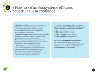 « How to » d’un écosystème efﬁcace,
construit sur la conﬁance
3
04
#concret #transparent #décentralisé #inclusif
→ Être dans le « faire » : favoriser des cycles courts
d’itération et viser l’expérimentation concrète.
Les usagers sont impliqués à toutes les étapes
du processus d’innovation, dans une démarche
systémique de co-construction.
→ Être transparent et inclusif : définir consensuellement
les objectifs et partager une vue d’ensemble claire
sur les projets et modes de gouvernance.
Toutes les informations liées aux projets doivent
être partagées (par exemple sur un wiki) pour diminuer
les barrières à l’entrée et effets de pouvoir.
→ Décentraliser : interconnecter les acteurs via
une architecture en réseau et un fonctionnement
horizontal. Associée à une meilleure allocation
des ressources et à une reconnaissance des
compétences, la décentralisation garantit une réelle
interopérabilité et agilité au profit de tous.
→ Bénéficiant de processus rodés et d’un socle
juridique solide, les modèles ouverts sont au cœur
de cette dynamique d’innovation collaborative :
• L’Open Source (logiciels libres)
• L’Open Data (données ouvertes)
• L’Open Content (contenus ouverts)
• L'Open Hardware (matériels ouverts)
Assurant un principe de non-appropriation
par un ou plusieurs acteurs, ils permettent
de se concentrer sur la réalisation de ressources
communes, en sortant ces actifs de logiques
de compétition et de concurrence.
 