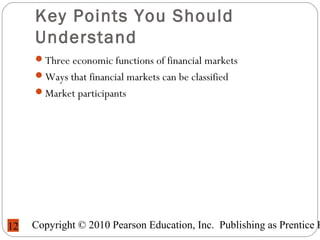 Copyright © 2010 Pearson Education, Inc. Publishing as Prentice H12
Key Points You Should
Understand
Three economic functions of financial markets
Ways that financial markets can be classified
Market participants
 