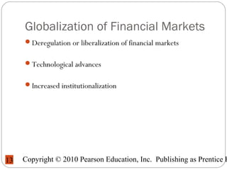 Copyright © 2010 Pearson Education, Inc. Publishing as Prentice H13
Globalization of Financial Markets
Deregulation or liberalization of financial markets
Technological advances
Increased institutionalization
 