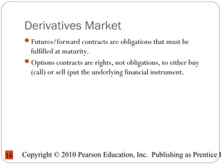 Copyright © 2010 Pearson Education, Inc. Publishing as Prentice H16
Derivatives Market
Futures/forward contracts are obligations that must be
fulfilled at maturity.
Options contracts are rights, not obligations, to either buy
(call) or sell (put the underlying financial instrument.
 