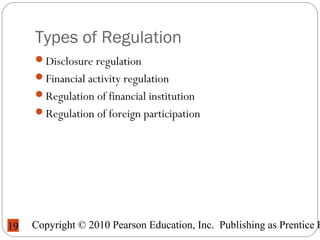 Copyright © 2010 Pearson Education, Inc. Publishing as Prentice H19
Types of Regulation
Disclosure regulation
Financial activity regulation
Regulation of financial institution
Regulation of foreign participation
 