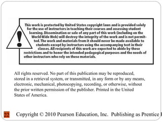 Copyright © 2010 Pearson Education, Inc. Publishing as Prentice H22
All rights reserved. No part of this publication may be reproduced,
stored in a retrieval system, or transmitted, in any form or by any means,
electronic, mechanical, photocopying, recording, or otherwise, without
the prior written permission of the publisher. Printed in the United
States of America.
 