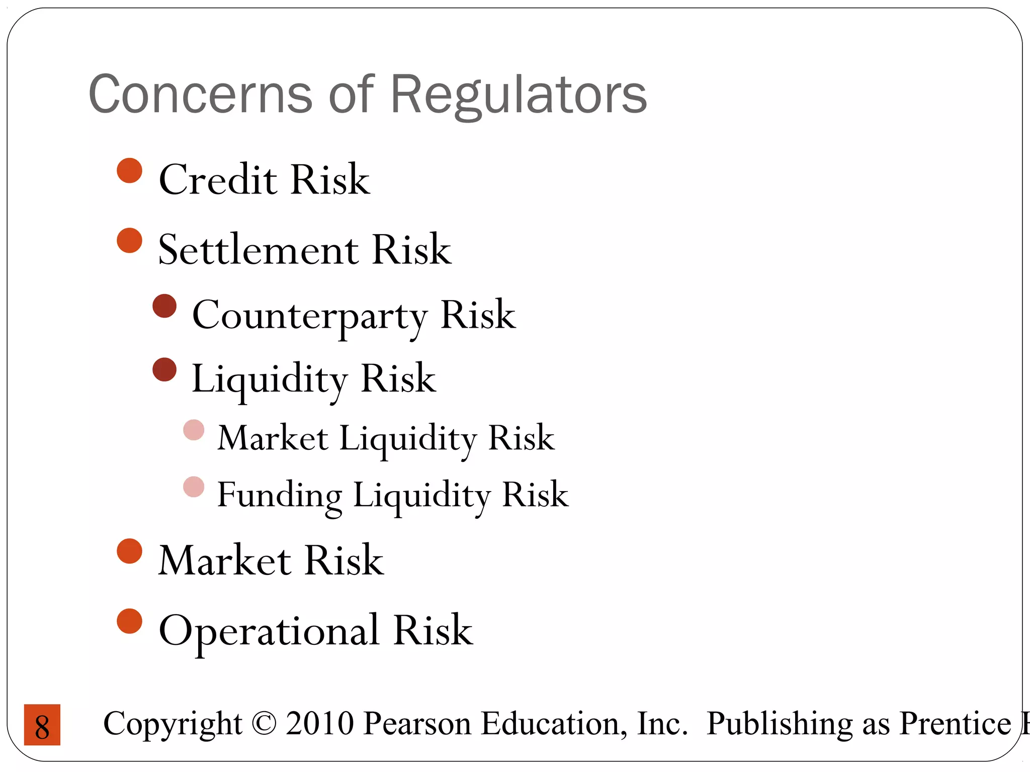 Copyright © 2010 Pearson Education, Inc. Publishing as Prentice H8
Concerns of Regulators
Credit Risk
Settlement Risk
Counterparty Risk
Liquidity Risk
Market Liquidity Risk
Funding Liquidity Risk
Market Risk
Operational Risk
 