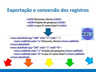 Exportação e conversão dos registros
<marc:datafield tag="100" ind1="1" ind2=" ">
<marc:subfield code="a">Pescuma, Derna</marc:subfield>
</marc:datafield>
<marc:datafield tag="245" ind1="1" ind2=“0">
<marc:subfield code="a">Projeto de pesquisa</marc:subfield>
<marc:subfield code="b">o que é? como fazer?</marc:subfield>
</marc:datafield>
<v016>Pescuma, Derna</v016>
<v018>Projeto de pesquisa</v018>
<v181>o que é? como fazer?</v181>
 