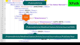 /PubmedArticle/MedlineCitation/Article/Journal/JournalIssue/PubDate/Year
/PubmedArticle/MedlineCitation/Article/Journal/ISSN
ISSN
XPath/PubmedArticle
 
