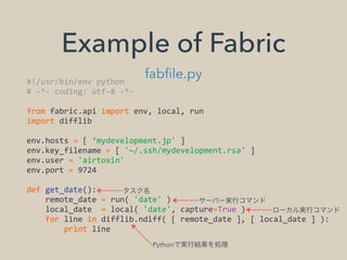 Example of Fabric
fabﬁle.py
サーバー実行コマンド
タスク名
ローカル実行コマンド
Pythonで実行結果を処理
#!/usr/bin/env	
  python	
  
#	
  -­‐*-­‐	
  coding:	
  utf-­‐8	
  -­‐*-­‐	
  
from	
  fabric.api	
  import	
  env,	
  local,	
  run	
  
import	
  difflib	
  
env.hosts	
  =	
  [	
  ‘mydevelopment.jp'	
  ]	
  
env.key_filename	
  =	
  [	
  '~/.ssh/mydevelopment.rsa'	
  ]	
  
env.user	
  =	
  'airtoxin'	
  
env.port	
  =	
  9724	
  
def	
  get_date():	
  
	
  	
  	
  	
  remote_date	
  =	
  run(	
  'date'	
  )	
  
	
  	
  	
  	
  local_date	
  	
  =	
  local(	
  'date',	
  capture=True	
  )	
  
	
  	
  	
  	
  for	
  line	
  in	
  difflib.ndiff(	
  [	
  remote_date	
  ],	
  [	
  local_date	
  ]	
  ):	
  
	
  	
  	
  	
  	
  	
  	
  	
  print	
  line
 