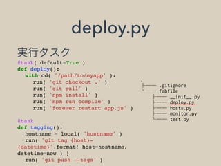 実行タスク
.
├── .gitignore
└── fabfile
├── __init__.py
├── deploy.py
├── hosts.py
├── monitor.py
└── test.py
deploy.py
@task( default=True )
def deploy():
with cd( '/path/to/myapp' ):
run( 'git checkout .' )
run( 'git pull' )
run( 'npm install' )
run( 'npm run compile' )
run( 'forever restart app.js' )
@task
def tagging():
hostname = local( 'hostname' )
run( 'git tag {host}-
{datetime}'.format( host=hostname,
datetime=now ) )
run( 'git push --tags' )
 