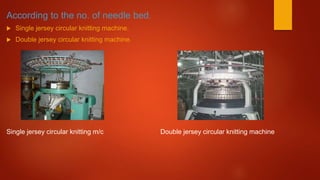 According to the no. of needle bed.
 Single jersey circular knitting machine.
 Double jersey circular knitting machine.
Single jersey circular knitting m/c Double jersey circular knitting machine
 