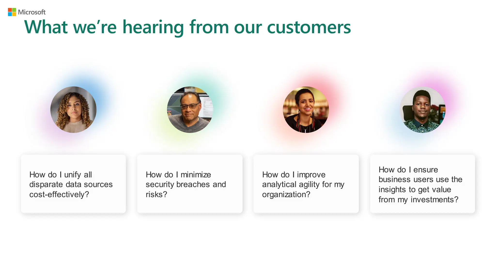 What we’re hearing from our customers
How do I unify all
disparate data sources
cost-effectively?
How do I minimize
security breaches and
risks?
How do I improve
analytical agility for my
organization?
How do I ensure
business users use the
insights to get value
from my investments?
 