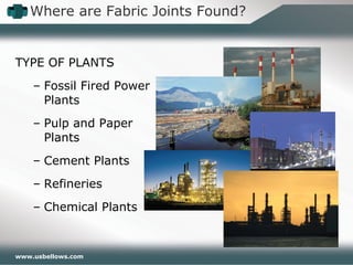 www.usbellows.com
TYPE OF PLANTS
– Fossil Fired Power
Plants
– Pulp and Paper
Plants
– Cement Plants
– Refineries
– Chemical Plants
Where are Fabric Joints Found?
 