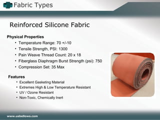www.usbellows.com
Fabric Types
Reinforced Silicone Fabric
Features
• Excellent Gasketing Material
• Extremes High & Low Temperature Resistant
• UV / Ozone Resistant
• Non-Toxic, Chemically Inert
Physical Properties
• Temperature Range: 70 +/-10
• Tensile Strength, PSI: 1300
• Pain Weave Thread Count: 20 x 18
• Fiberglass Diaphragm Burst Strength (psi): 750
• Compression Set: 35 Max
 