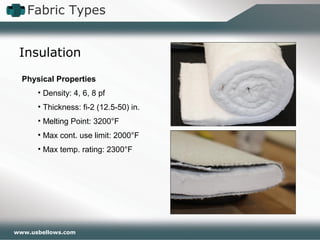 www.usbellows.com
Fabric Types
Insulation
Physical Properties
• Density: 4, 6, 8 pf
• Thickness: fi-2 (12.5-50) in.
• Melting Point: 3200°F
• Max cont. use limit: 2000°F
• Max temp. rating: 2300°F
 