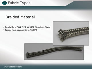 www.usbellows.com
Fabric Types
Braided Material
• Available in 304, 321, & 316L Stainless Steel
• Temp. from cryogenic to 1500°F
 