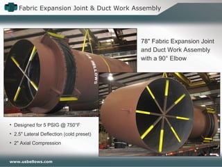 www.usbellows.com
Fabric Expansion Joint & Duct Work Assembly
78" Fabric Expansion Joint
and Duct Work Assembly
with a 90° Elbow
• Designed for 5 PSIG @ 750°F
• 2.5" Lateral Deflection (cold preset)
• 2" Axial Compression
 