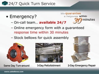 www.usbellows.com
24/7 Quick Turn Service
• Emergency?
– On-call team… available 24/7
– Online emergency form with a guaranteed
response time within 30 minutes
– Stock bellows for quick assembly
Same Day Turn-aroundSame Day Turn-around 2-Day Emergency Repair2-Day Emergency Repair3-Day Refurbishment3-Day Refurbishment
 