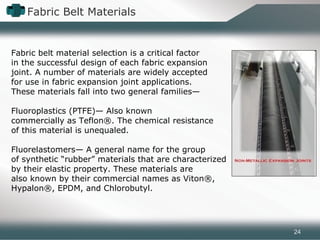 Fabric Belt Materials
Fabric belt material selection is a critical factor
in the successful design of each fabric expansion
joint. A number of materials are widely accepted
for use in fabric expansion joint applications.
These materials fall into two general families—
Fluoroplastics (PTFE)— Also known
commercially as Teflon®. The chemical resistance
of this material is unequaled.
Fluorelastomers— A general name for the group
of synthetic “rubber” materials that are characterized
by their elastic property. These materials are
also known by their commercial names as Viton®,
Hypalon®, EPDM, and Chlorobutyl.
24
 