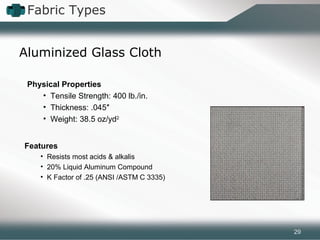 Fabric Types
Aluminized Glass Cloth
Features
• Resists most acids & alkalis
• 20% Liquid Aluminum Compound
• K Factor of .25 (ANSI /ASTM C 3335)
Physical Properties
• Tensile Strength: 400 lb./in.
• Thickness: .045″
• Weight: 38.5 oz/yd2
29
 