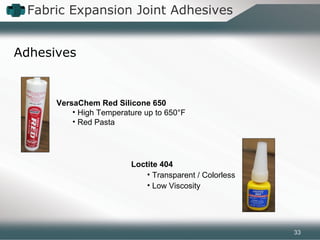 Fabric Expansion Joint Adhesives
Loctite 404
• Transparent / Colorless
• Low Viscosity
VersaChem Red Silicone 650
• High Temperature up to 650°F
• Red Pasta
Adhesives
33
 