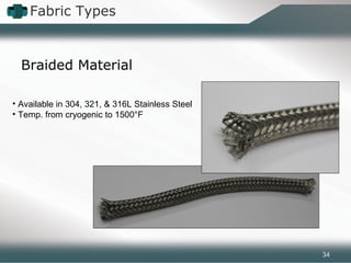 Fabric Types
Braided Material
• Available in 304, 321, & 316L Stainless Steel
• Temp. from cryogenic to 1500°F
34
 