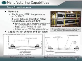 Manufacturing Capabilities
• Materials:
– Single layer PTFE: temperatures
up to 600°F
– 3-layer Belt and Insulation Pillow:
temperatures up to 2,000°F
• Inside Layer: 100% fiberglass, coated with
an aluminum compound on both sides
• Middle Layer: ½” thick KO wool
• Outside Layer: PTFE fiberglass reinforced
• Capacity: 40’ Length and 20’ Wide
Fabric Expansion Joints
Duct Expansion Joint – Low Temperature Duct Expansion Joint – High Temperature (up to 1200°F)
10’ square fabric expansion joint w/ high temp.
and corrosion resistant composite belt
37
 