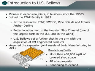 • Pioneer in expansion joints, in business since the 1960’s
• Joined the PT&P Family in 1995
– 5x the resources: PT&P, SWECO, Pipe Shields and Fronek
Anchor Darling
– Better location next to the Houston Ship Channel (one of
the largest ports in the U.S. and in the world)
– U.S. Bellows got a further shot in the arm with the
acquisition of RM Engineered Products
• Acquired the expansion joint assets of Lortz Manufacturing in
2011
Manufacturing Facility
• More than 450,000 sq/ft of
covered shop space
• 40 acre property
• Continuing to expand
Introduction to U.S. Bellows
4
 