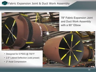Fabric Expansion Joint & Duct Work Assembly
78" Fabric Expansion Joint
and Duct Work Assembly
with a 90° Elbow
• Designed for 5 PSIG @ 750°F
• 2.5" Lateral Deflection (cold preset)
• 2" Axial Compression
56
 