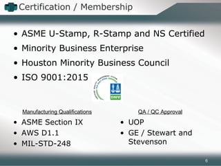 • ASME U-Stamp, R-Stamp and NS Certified
• Minority Business Enterprise
• Houston Minority Business Council
• ISO 9001:2015
• ASME Section IX
• AWS D1.1
• MIL-STD-248
Manufacturing Qualifications QA / QC Approval
• UOP
• GE / Stewart and
Stevenson
Certification / Membership
6
 