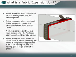 • Fabric expansion joints compensate
for duct misalignment and duct
thermal growth
• Fabric expansion joints can absorb
larger movements than metal
expansion joints using a smaller
“span”
• A fabric expansion joint has two
main components—the fabric gas
seal material and the metal frames
• Fabric expansion joints are found
where there is a need to convey hot
media in low pressure applications
such as “in flowing air” and “out
flowing gas” in large combustion
processes.
What is a Fabric Expansion Joint?
8
 