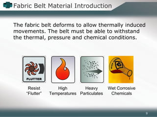 Fabric Belt Material Introduction
The fabric belt deforms to allow thermally induced
movements. The belt must be able to withstand
the thermal, pressure and chemical conditions.
Resist
“Flutter”
High
Temperatures
Heavy
Particulates
Wet Corrosive
Chemicals
9
 
