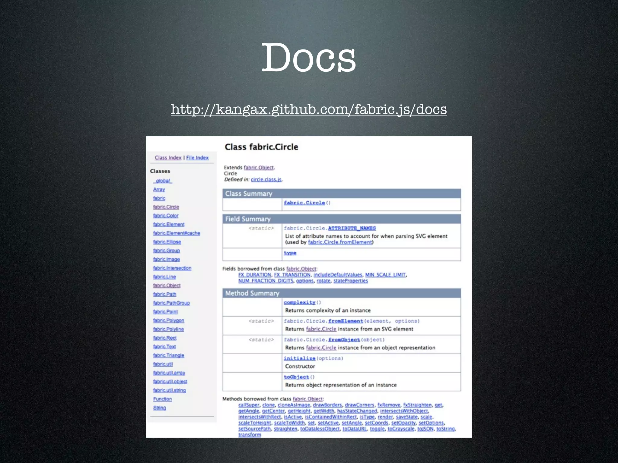 Docs
http://kangax.github.com/fabric.js/docs
 