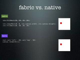 fabric vs. native
native

 ctx.fillRect(20, 50, 20, 20);

 ctx.clearRect(0, 0, ctx.canvas.width, ctx.canvas.height);
 ctx.fillRect(20, 50, 20, 20);




fabric

rect.set(‘left’, 20).set(‘top’, 50);
canvas.renderAll();
 