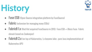 History
● Fuse ESB (Open Source integration platform by FuseSource)
● Fabric (extension for managing many ESBs)
● Fabric8 1.x (Red Hat acquired FuseSource in 2012; Fuse ESB => JBoss Fuse; Fabric
closed; based on Zookeeper)
● Fabric8 2.x (on top of Kubernetes, 1.x become Jube - pure Java implementation of
Kubernetes API)
 