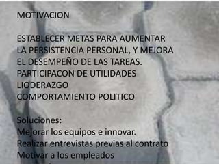 MOTIVACIONESTABLECER METAS PARA AUMENTAR LA PERSISTENCIA PERSONAL, Y MEJORA EL DESEMPEÑO DE LAS TAREAS.PARTICIPACON DE UTILIDADESLIODERAZGOCOMPORTAMIENTO POLITICOSoluciones:Mejorar los equipos e innovar.Realizar entrevistas previas al contratoMotivar a los empleados economicamente