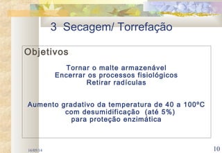 16/05/14 10
3 Secagem/ Torrefação
Objetivos
Tornar o malte armazenável
Encerrar os processos fisiológicos
Retirar radículas
Aumento gradativo da temperatura de 40 a 100ºC
com desumidificação (até 5%)
para proteção enzimática
 