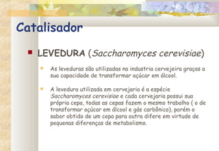 Catalisador
 LEVEDURA (Saccharomyces cerevisiae)
 As leveduras são utilizadas na industria cervejeira graças a
sua capacidade de transformar açúcar em álcool.
 A levedura utilizada em cervejaria é a espécie
Saccharomyces cerevisiae e cada cervejaria possui sua
própria cepa, todas as cepas fazem o mesmo trabalho ( o de
transformar açúcar em álcool e gás carbônico), porém o
sabor obtido de um cepa para outra difere em virtude de
pequenas diferenças de metabolismo.
 