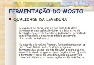 FERMENTAÇÃO DO MOSTO
 QUALIDADE DA LEVEDURA
 A levedura de cervejaria de boa qualidade deve
permanecer em suspensão durante a fase ativa da
fermentação e então flocular e sedimentar, permitindo
sem dificuldade a separação rápida da cerveja
clarificada do sedimento.
 No caso de a levedura flocular, formará agrupamentos
que irão ao fundo da dorna dando origem a
fermentações baixas. Se não flocular, poderá subir à
superfície dando origem a fermentações altas. Quando
o fermento flocula, há uma diminuição da superfície
ativa das células e as fermentações serão mais lentas.
 