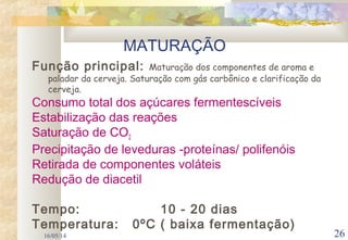 16/05/14 26
Função principal: Maturação dos componentes de aroma e
paladar da cerveja. Saturação com gás carbônico e clarificação da
cerveja.
Consumo total dos açúcares fermentescíveis
Estabilização das reações
Saturação de CO2
Precipitação de leveduras -proteínas/ polifenóis
Retirada de componentes voláteis
Redução de diacetil
Tempo: 10 - 20 dias
Temperatura: 0ºC ( baixa fermentação)
MATURAÇÃO
 