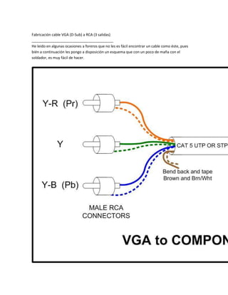 Fabricación cable VGA (D-Sub) a RCA (3 salidas)
________________________________________
He leido en algunas ocasiones a foreros que no les es fácil encontrar un cable como éste, pues
bién a continuación les pongo a disposición un esquema que con un poco de maña con el
soldador, es muy fácil de hacer.
 