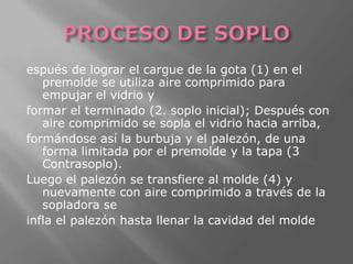 espués de lograr el cargue de la gota (1) en el
   premolde se utiliza aire comprimido para
   empujar el vidrio y
formar el terminado (2. soplo inicial); Después con
   aire comprimido se sopla el vidrio hacia arriba,
formándose así la burbuja y el palezón, de una
   forma limitada por el premolde y la tapa (3
   Contrasoplo).
Luego el palezón se transfiere al molde (4) y
   nuevamente con aire comprimido a través de la
   sopladora se
infla el palezón hasta llenar la cavidad del molde
 