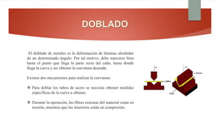 DOBLADO
El doblado de metales es la deformación de láminas alrededor
de un determinado ángulo. Por tal motivo, debe marcarse bien
hasta el punto que llega la parte recta del caño, hasta donde
llega la curva y así obtener la curvatura deseada.
Existen dos mecanismos para realizar la curvatura:
 Para doblar los tubos de acero se necesita obtener medidas
específicas de la curva a obtener.
 Durante la operación, las fibras externas del material están en
tensión, mientras que las interiores están en compresión.
 