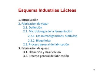 Esquema Industrias Lácteas
1. Introducción
2. Fabricación de yogur
2.1. Definición
2.2. Microbiología de la fermentación
2.2.1. Los microorganismos. Simbiosis
2.2.2. Bioquímica
2.3. Proceso general de fabricación
3. Fabricación de queso
3.1. Definición y clasificación
3.2. Proceso general de fabricación
13
 
