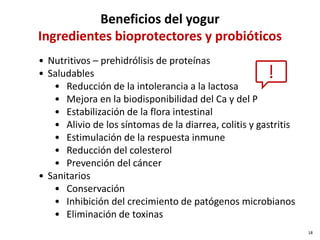 • Nutritivos – prehidrólisis de proteínas
• Saludables
• Reducción de la intolerancia a la lactosa
• Mejora en la biodisponibilidad del Ca y del P
• Estabilización de la flora intestinal
• Alivio de los síntomas de la diarrea, colitis y gastritis
• Estimulación de la respuesta inmune
• Reducción del colesterol
• Prevención del cáncer
• Sanitarios
• Conservación
• Inhibición del crecimiento de patógenos microbianos
• Eliminación de toxinas
Beneficios del yogur
Ingredientes bioprotectores y probióticos
18
 