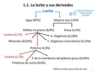 Leche
Agua (87%) Materia seca (13%)
Sólidos no grasos (8,8%) Grasa (4,2%)
Lactosa (4,7%)
Proteína (3,3%)
Minerales (0,65%) C. Orgánicos minoritarios (0,14%)
A. Orgánicos (0,18%)
Caseína (2,7%)
Proteínas de suero (0,6%)
P. de la membrana del glóbulo graso (0,04%)
1.1. La leche y sus derivados
Requerimientos
nutricionales
iniciales
3
*Valores medios para leche de vaca
 