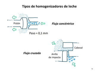 Tipos de homogenizadores de leche
Cabezal
Anillo
de impacto
Flujo cruzado
Flujo concéntrico
Pistón
Paso ≈ 0,1 mm
53
 