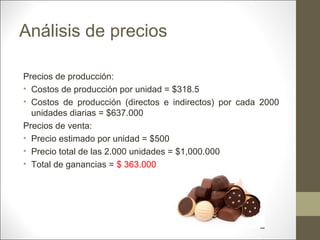 Análisis de precios
Precios de producción:
• Costos de producción por unidad = $318.5
• Costos de producción (directos e indirectos) por cada 2000
unidades diarias = $637.000
Precios de venta:
• Precio estimado por unidad = $500
• Precio total de las 2.000 unidades = $1,000.000
• Total de ganancias = $ 363.000

 
